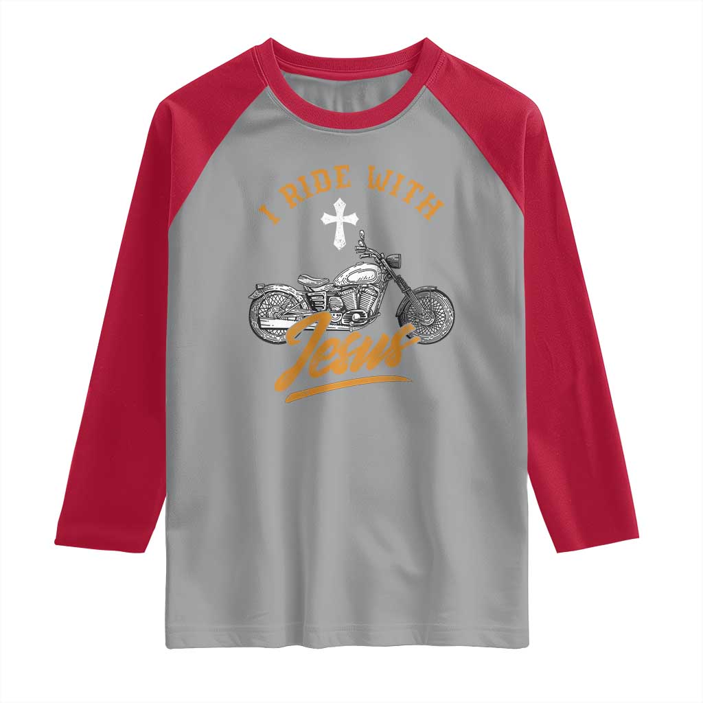 Christian Biker Raglan Shirt I Ride With Jesus Faith Motorcycle TS02 Sport Gray Red Print Your Wear