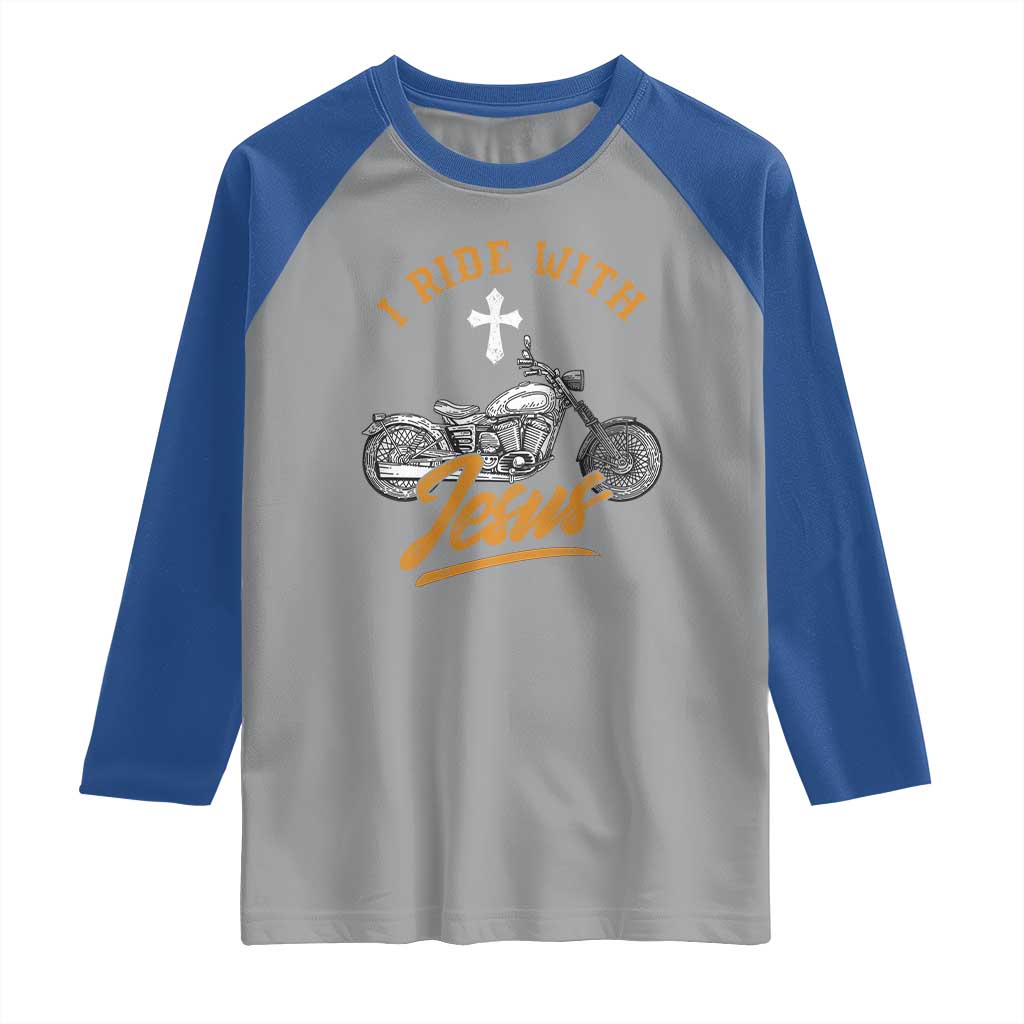 Christian Biker Raglan Shirt I Ride With Jesus Faith Motorcycle TS02 Sport Gray Royal Print Your Wear