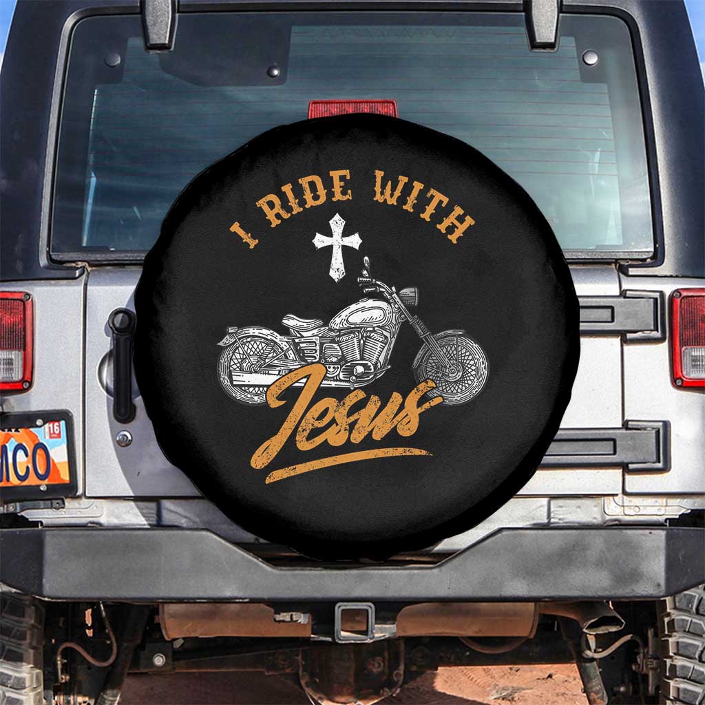 Christian Biker Spare Tire Cover I Ride With Jesus Faith Motorcycle TS02 No hole Black Print Your Wear