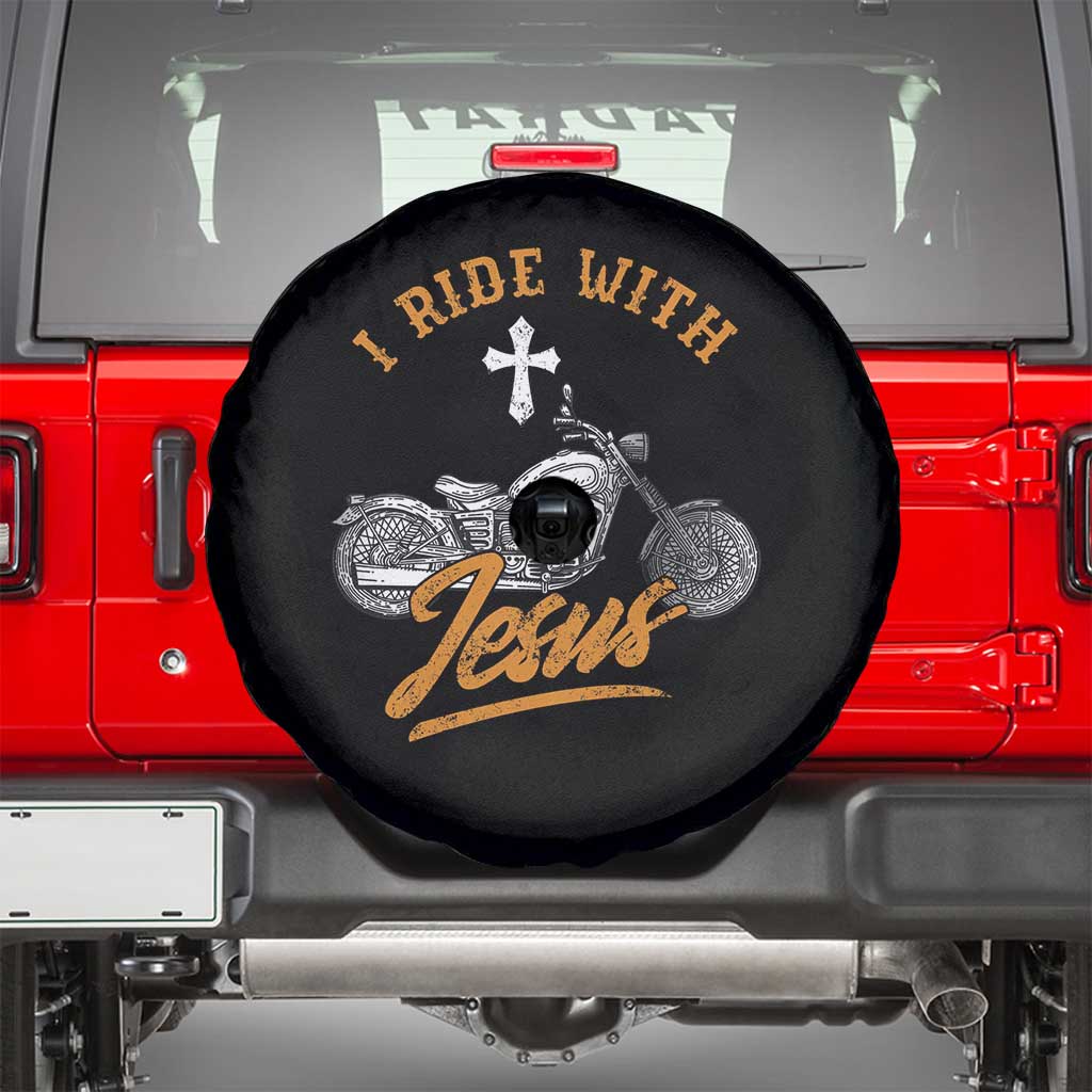 Christian Biker Spare Tire Cover I Ride With Jesus Faith Motorcycle TS02 Black Print Your Wear