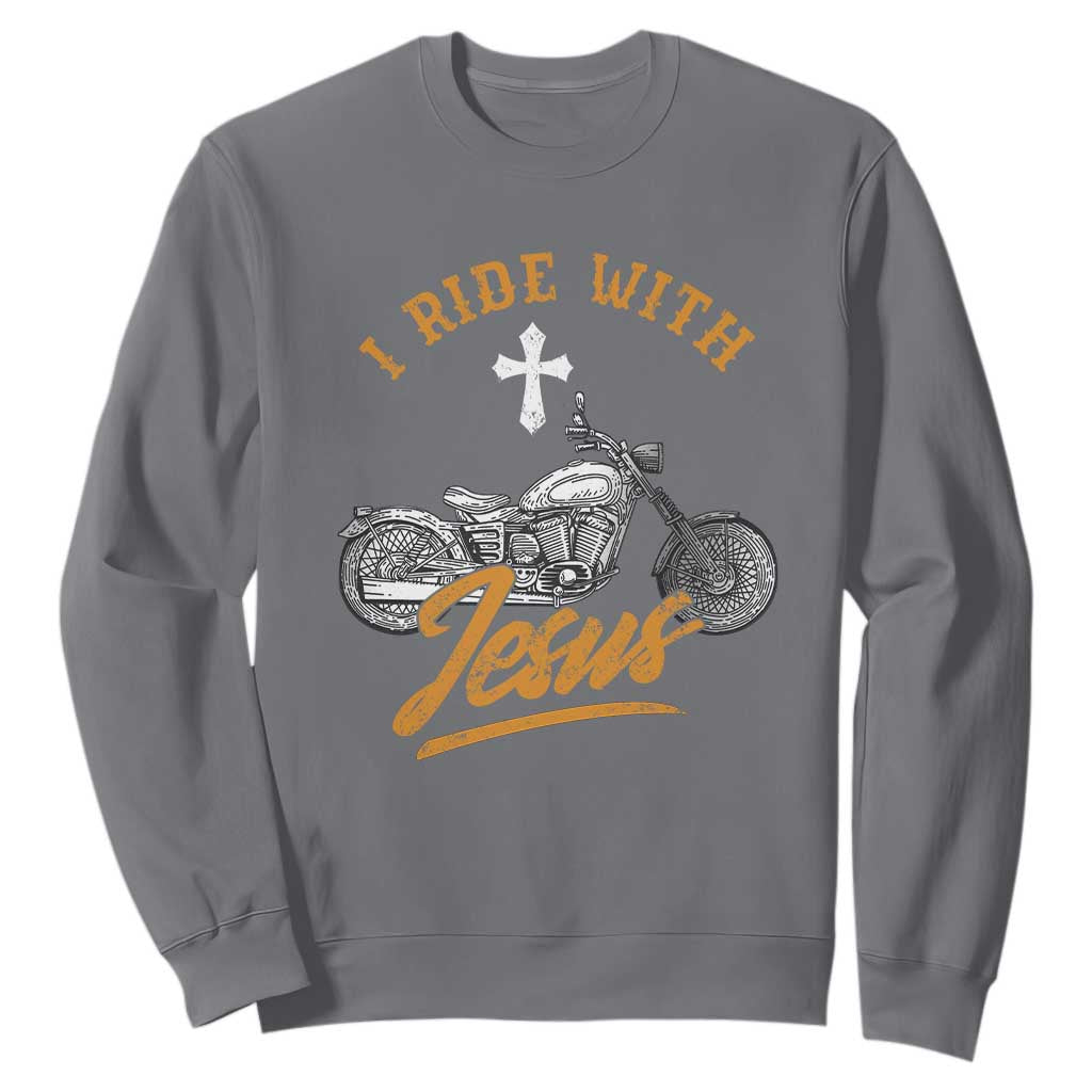 Christian Biker Sweatshirt I Ride With Jesus Faith Motorcycle TS02 Charcoal Print Your Wear
