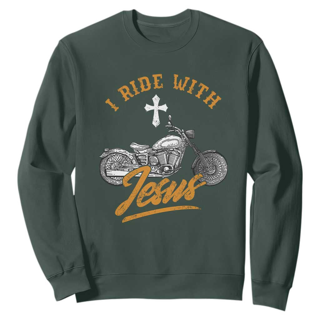 Christian Biker Sweatshirt I Ride With Jesus Faith Motorcycle TS02 Dark Forest Green Print Your Wear