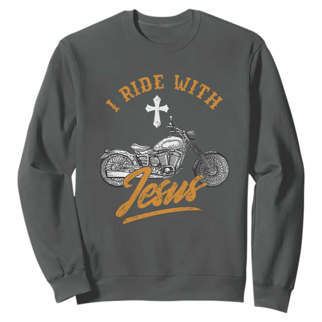 Christian Biker Sweatshirt I Ride With Jesus Faith Motorcycle TS02 Dark Heather Print Your Wear