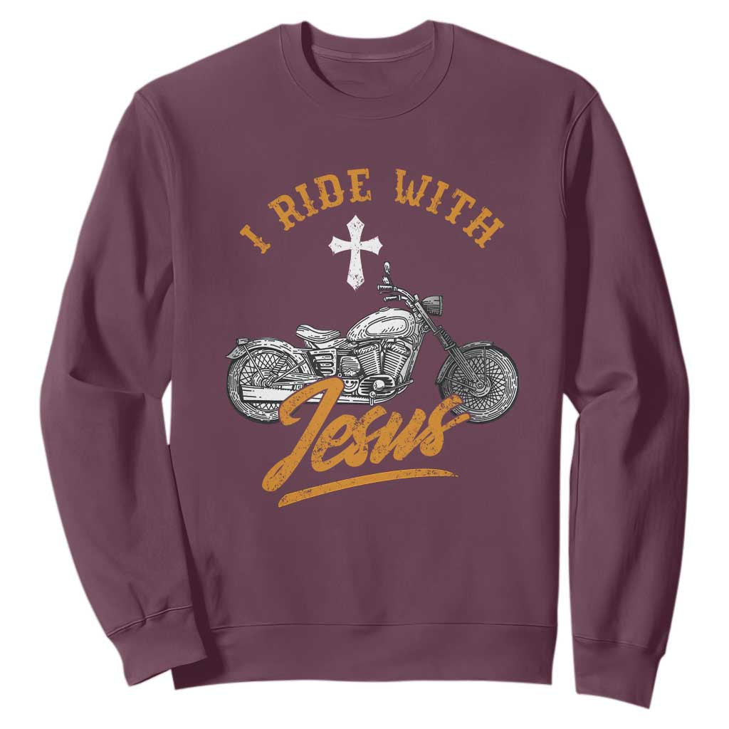 Christian Biker Sweatshirt I Ride With Jesus Faith Motorcycle TS02 Maroon Print Your Wear