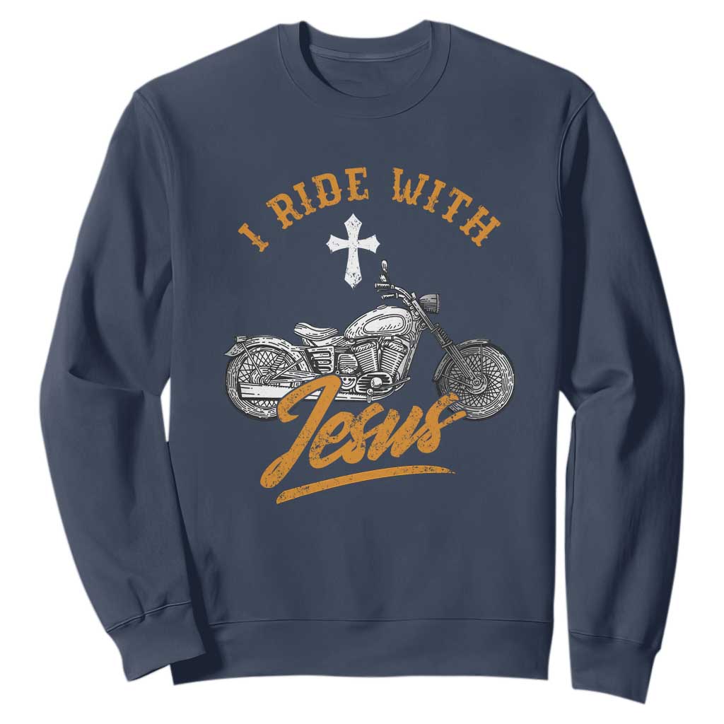 Christian Biker Sweatshirt I Ride With Jesus Faith Motorcycle TS02 Navy Print Your Wear