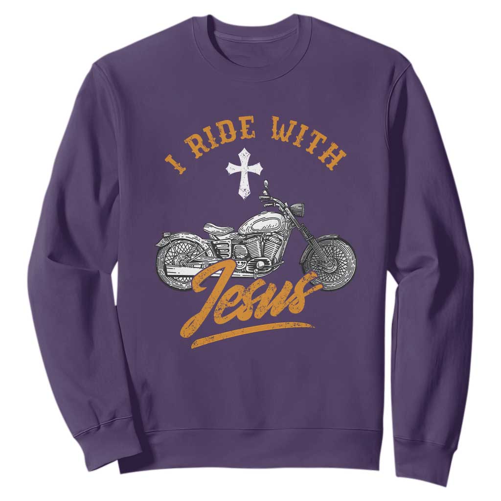 Christian Biker Sweatshirt I Ride With Jesus Faith Motorcycle TS02 Purple Print Your Wear