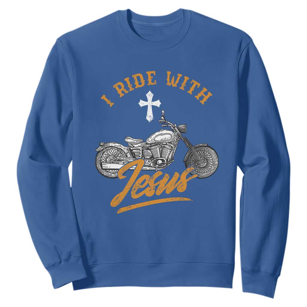 Christian Biker Sweatshirt I Ride With Jesus Faith Motorcycle TS02 Royal Blue Print Your Wear