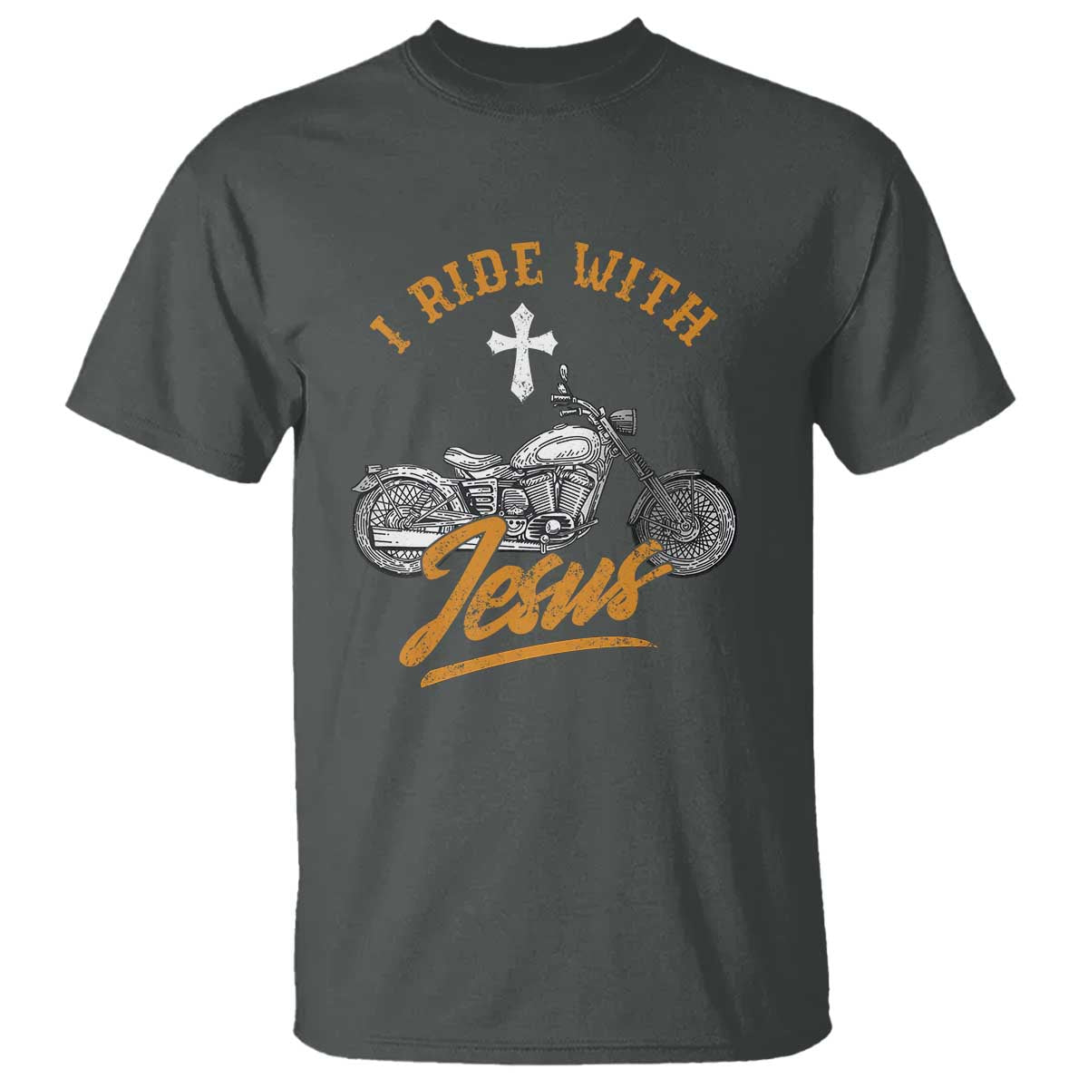 Christian Biker T Shirt I Ride With Jesus Faith Motorcycle TS02 Dark Heather Print Your Wear