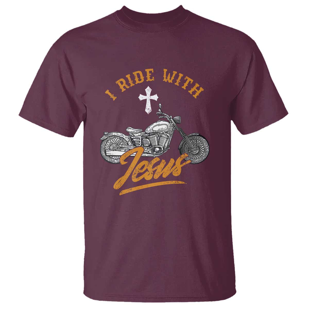 Christian Biker T Shirt I Ride With Jesus Faith Motorcycle TS02 Maroon Print Your Wear
