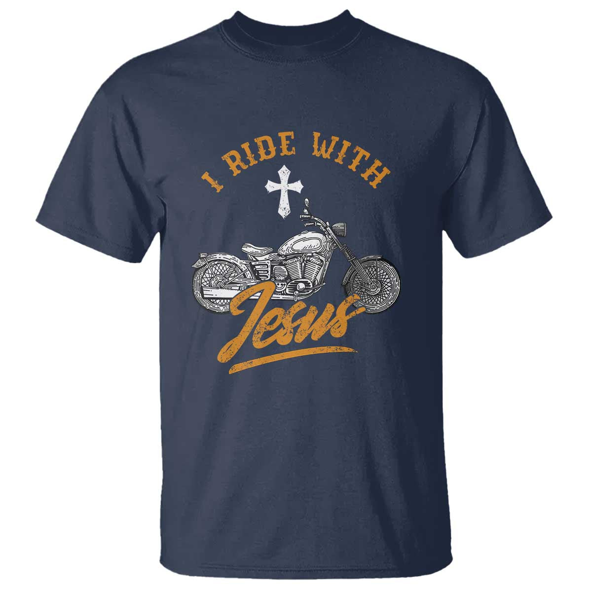Christian Biker T Shirt I Ride With Jesus Faith Motorcycle TS02 Navy Print Your Wear