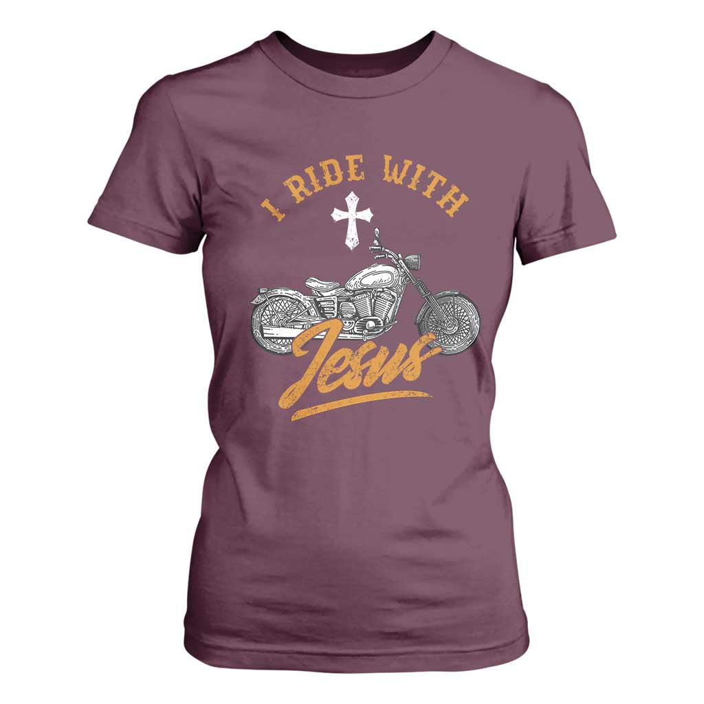 Christian Biker T Shirt For Women I Ride With Jesus Faith Motorcycle TS02 Maroon Print Your Wear