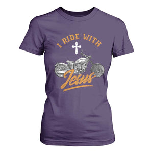Christian Biker T Shirt For Women I Ride With Jesus Faith Motorcycle TS02 Purple Print Your Wear