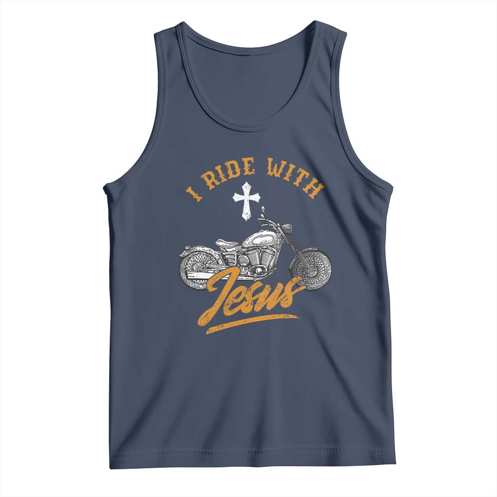 Christian Biker Tank Top I Ride With Jesus Faith Motorcycle TS02 Navy Print Your Wear