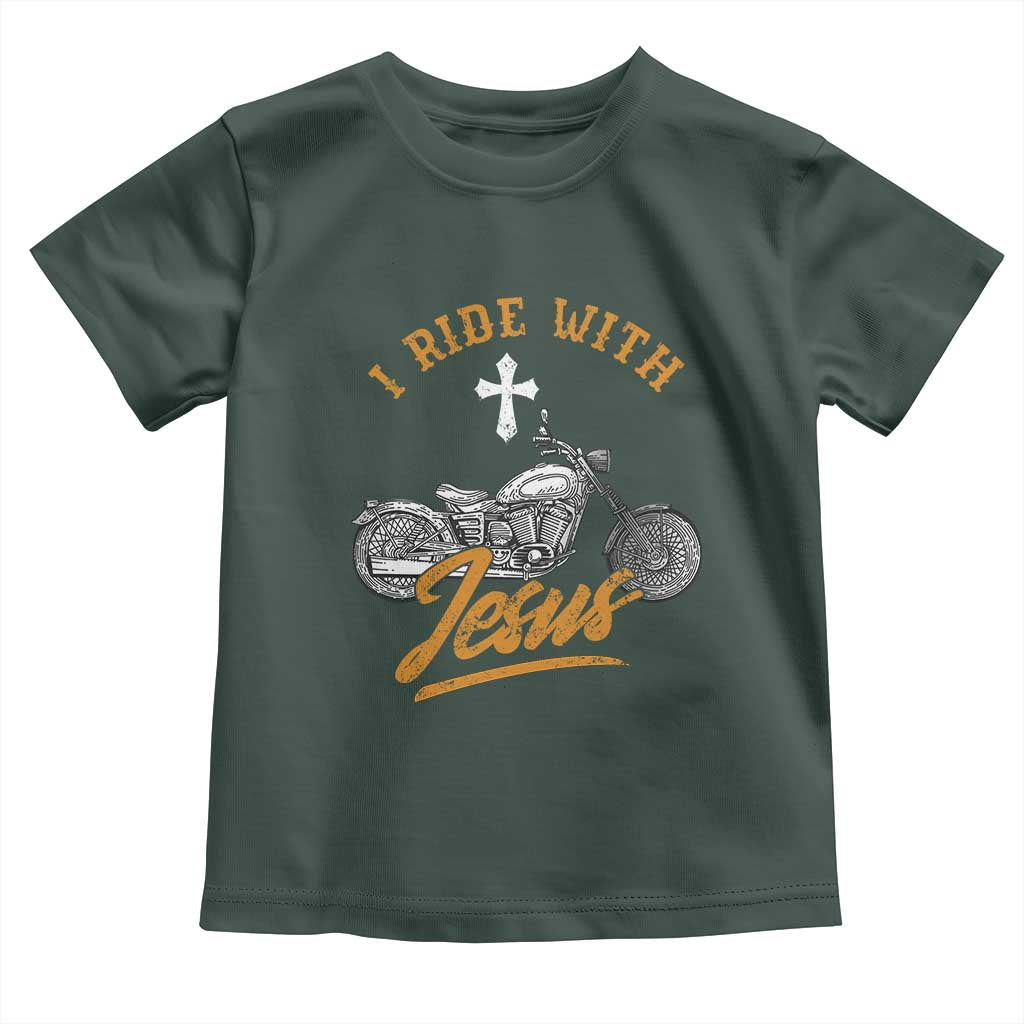 Christian Biker Toddler T Shirt I Ride With Jesus Faith Motorcycle TS02 Dark Forest Green Print Your Wear