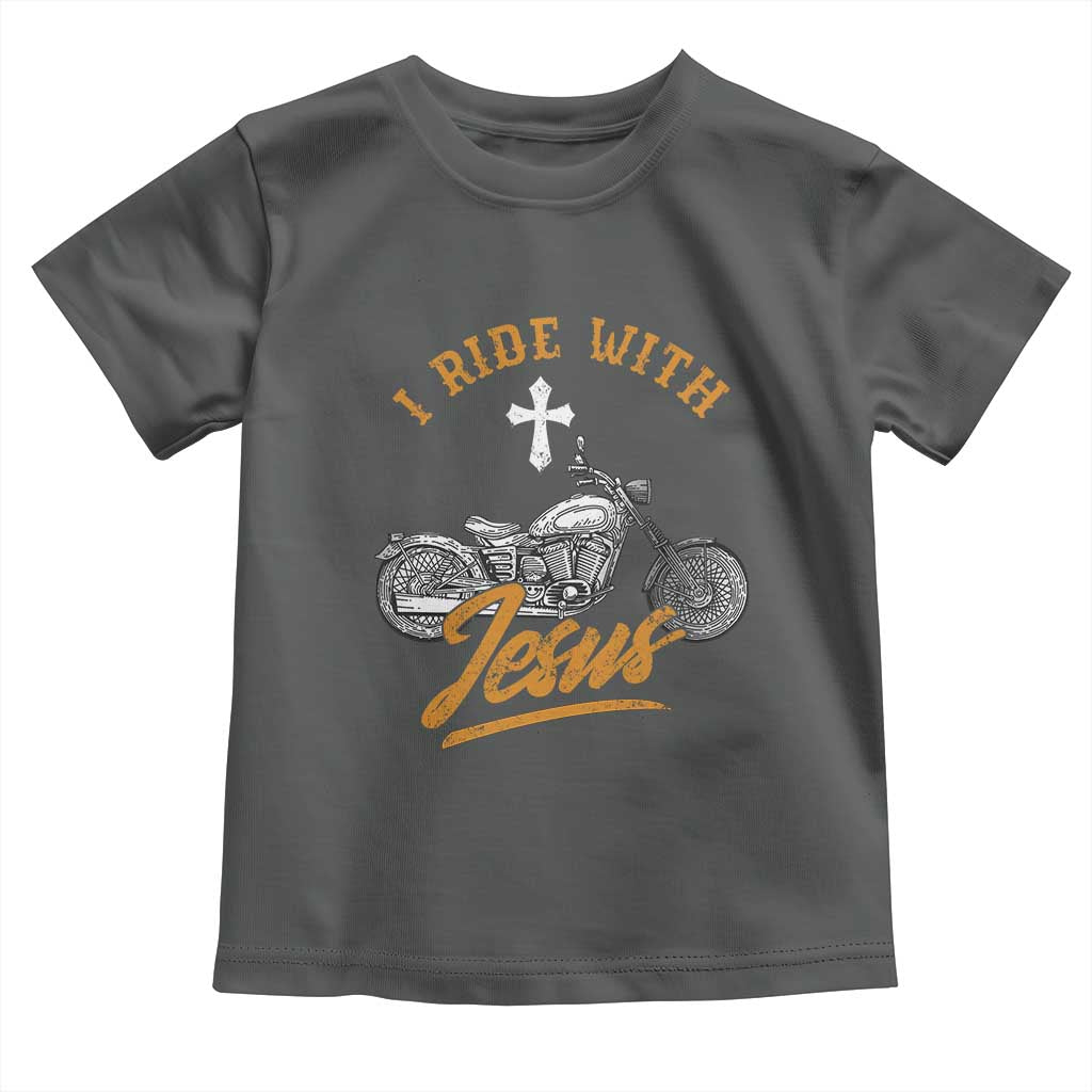 Christian Biker Toddler T Shirt I Ride With Jesus Faith Motorcycle TS02 Dark Heather Print Your Wear