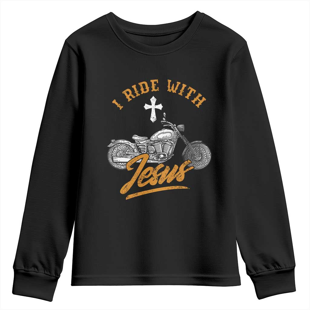 Christian Biker Youth Sweatshirt I Ride With Jesus Faith Motorcycle TS02 Black Print Your Wear