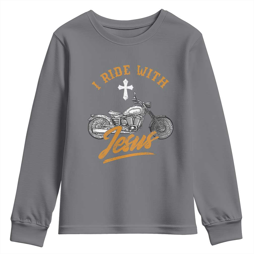 Christian Biker Youth Sweatshirt I Ride With Jesus Faith Motorcycle TS02 Charcoal Print Your Wear