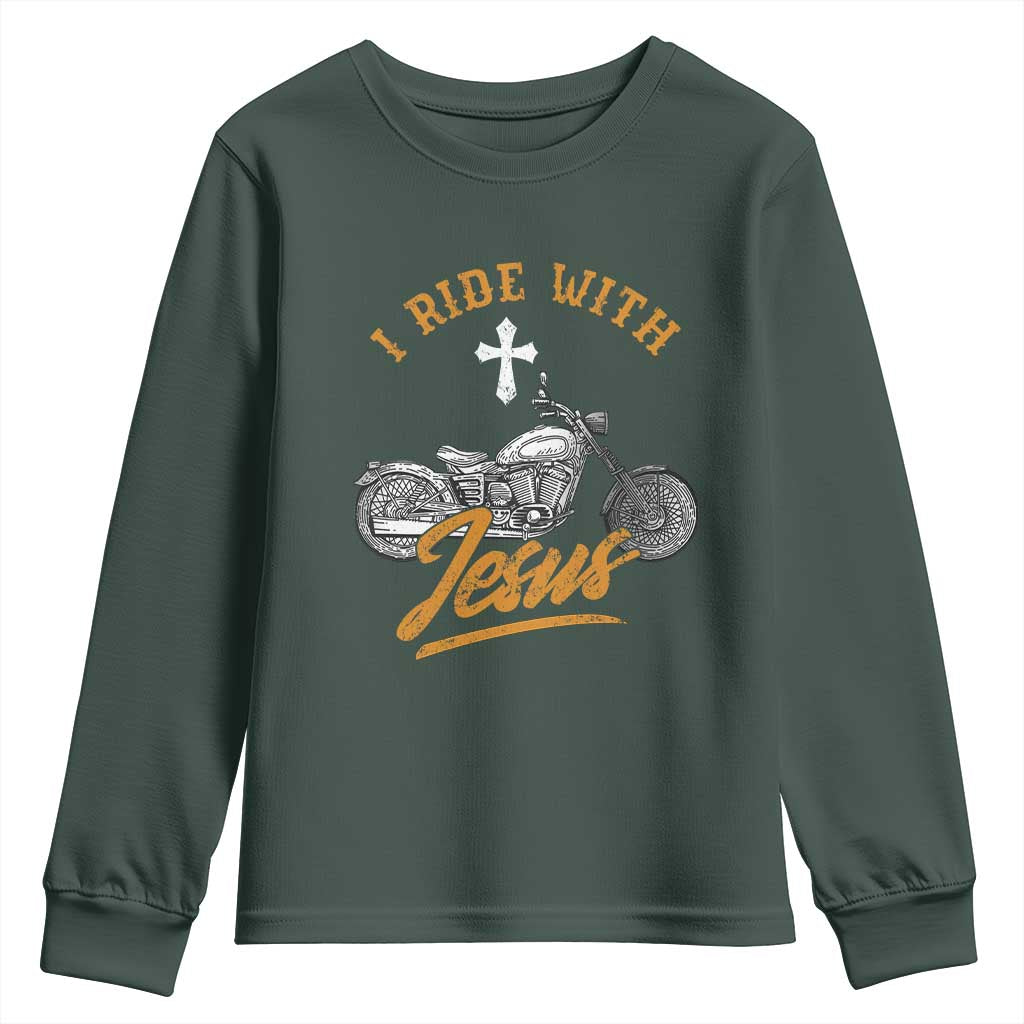Christian Biker Youth Sweatshirt I Ride With Jesus Faith Motorcycle TS02 Dark Forest Green Print Your Wear