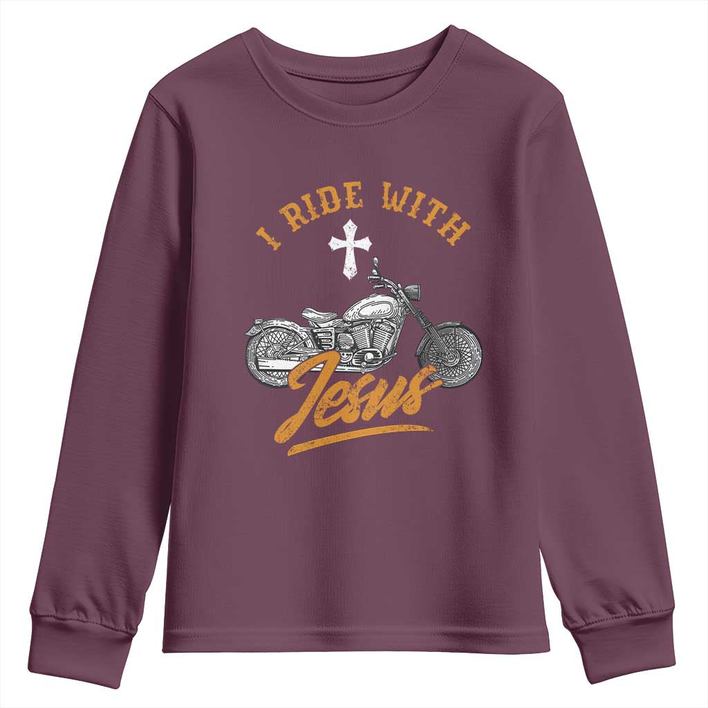Christian Biker Youth Sweatshirt I Ride With Jesus Faith Motorcycle TS02 Maroon Print Your Wear