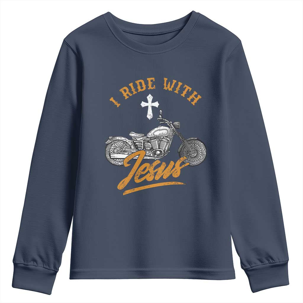 Christian Biker Youth Sweatshirt I Ride With Jesus Faith Motorcycle TS02 Navy Print Your Wear