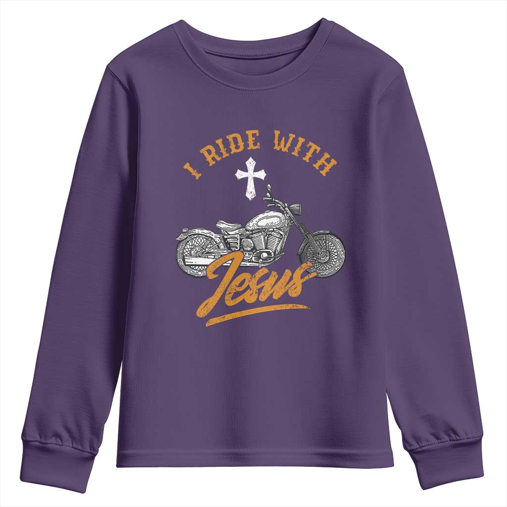 Christian Biker Youth Sweatshirt I Ride With Jesus Faith Motorcycle TS02 Purple Print Your Wear