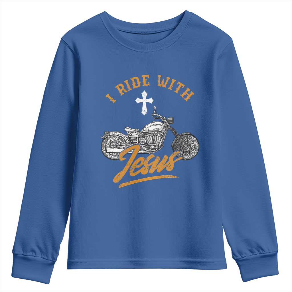 Christian Biker Youth Sweatshirt I Ride With Jesus Faith Motorcycle TS02 Royal Blue Print Your Wear