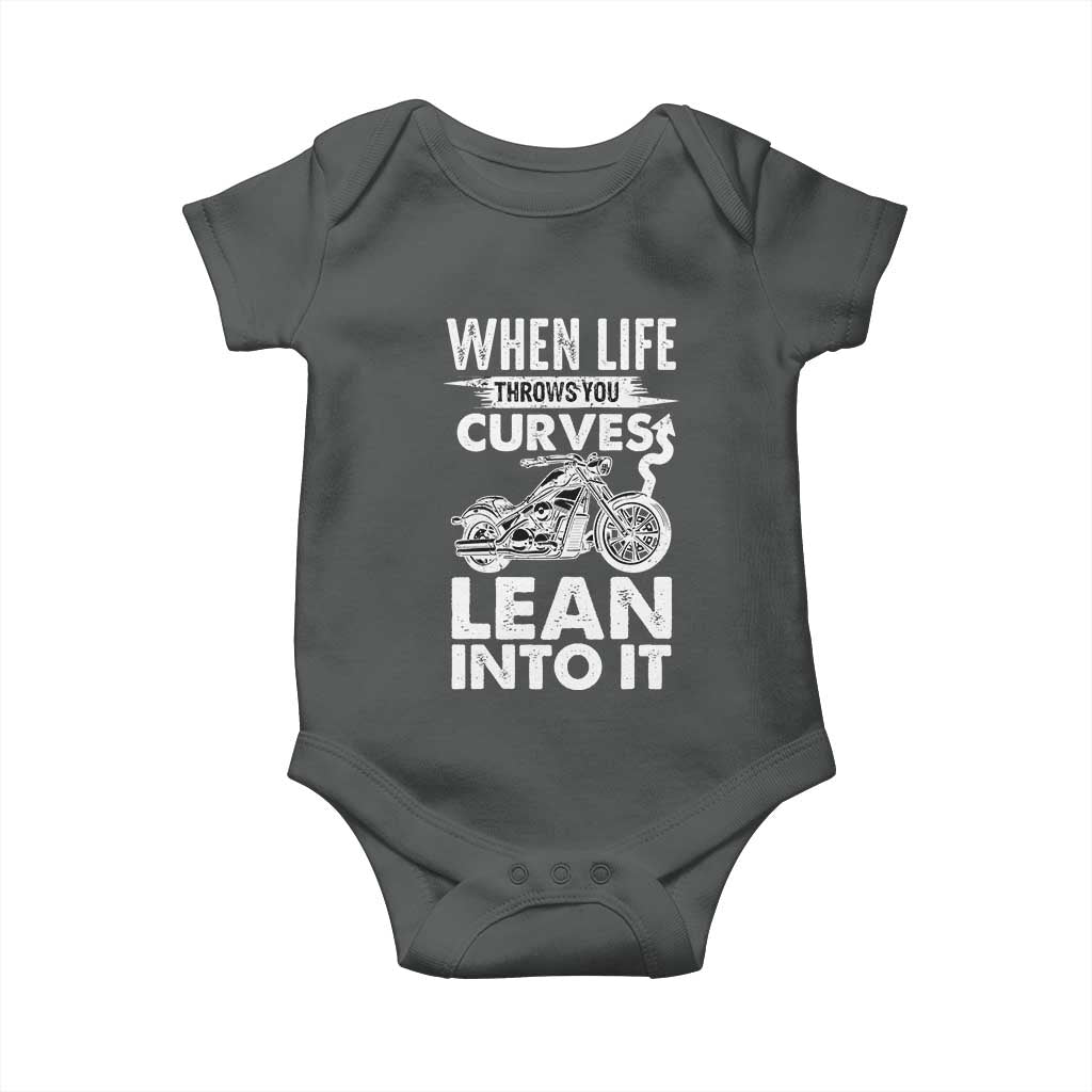 Funny Biker Baby Onesie When Life Throws You Curves Lean Into It Motorcycle TS02 Dark Heather Print Your Wear