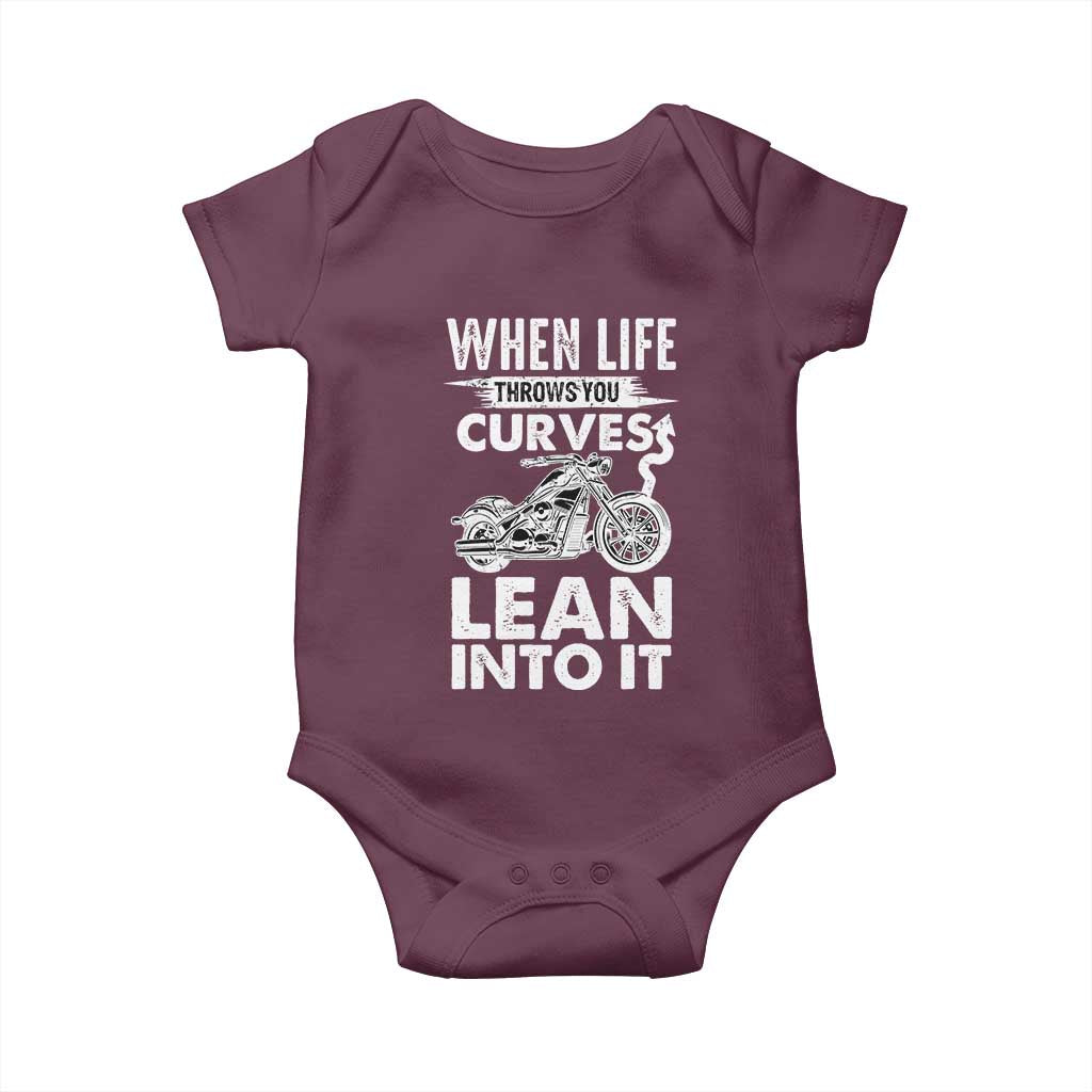 Funny Biker Baby Onesie When Life Throws You Curves Lean Into It Motorcycle TS02 Maroon Print Your Wear