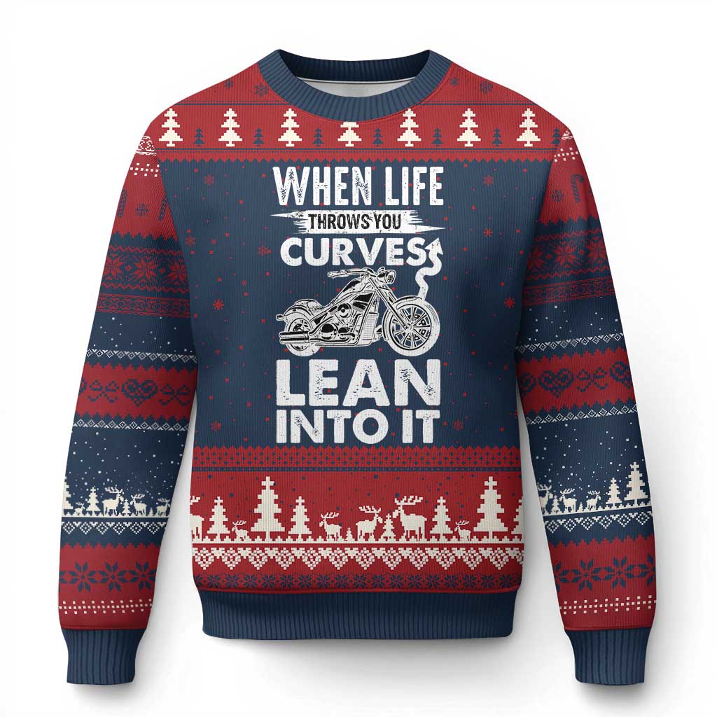 Funny Biker Ugly Christmas Sweater When Life Throws You Curves Lean Into It Motorcycle TS02 Navy Red Print Your Wear