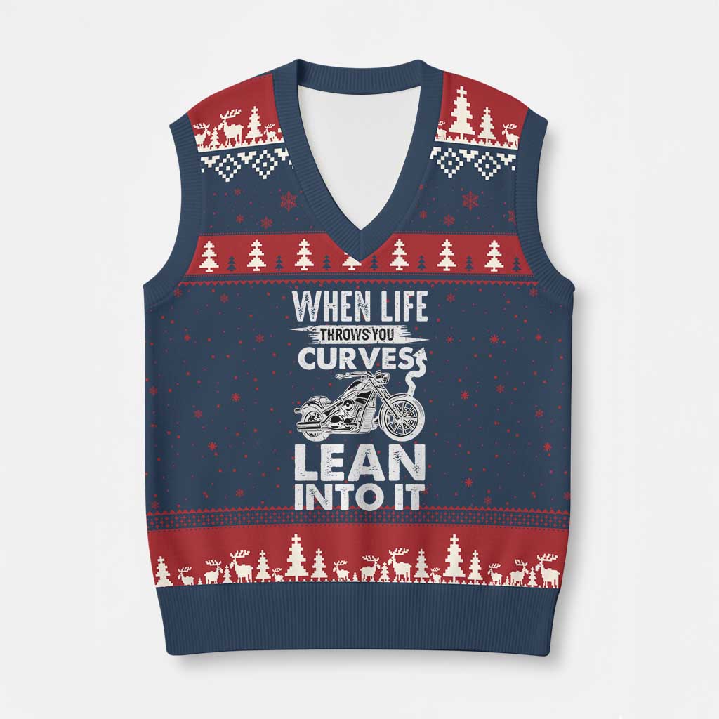 Funny Biker V-Neck Knit Sweater Vest When Life Throws You Curves Lean Into It Motorcycle TS02 Navy Red Print Your Wear