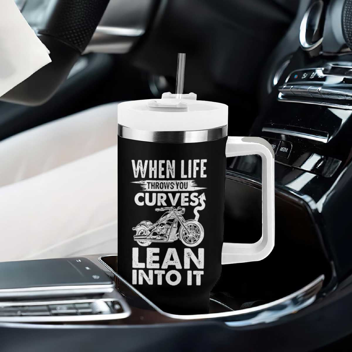 Funny Biker Tumbler With Handle When Life Throws You Curves Lean Into It Motorcycle TS02 Print Your Wear
