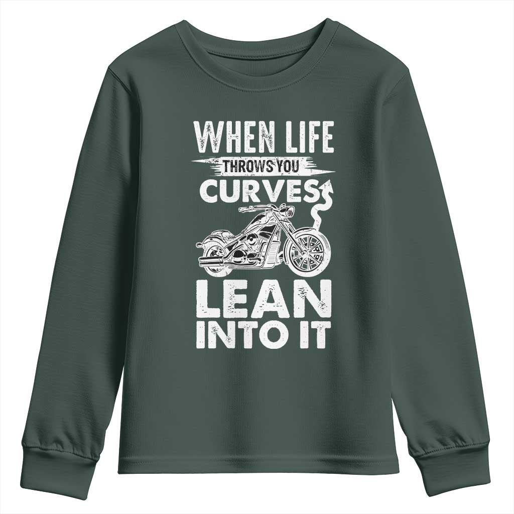 Funny Biker Youth Sweatshirt When Life Throws You Curves Lean Into It Motorcycle TS02 Dark Forest Green Print Your Wear