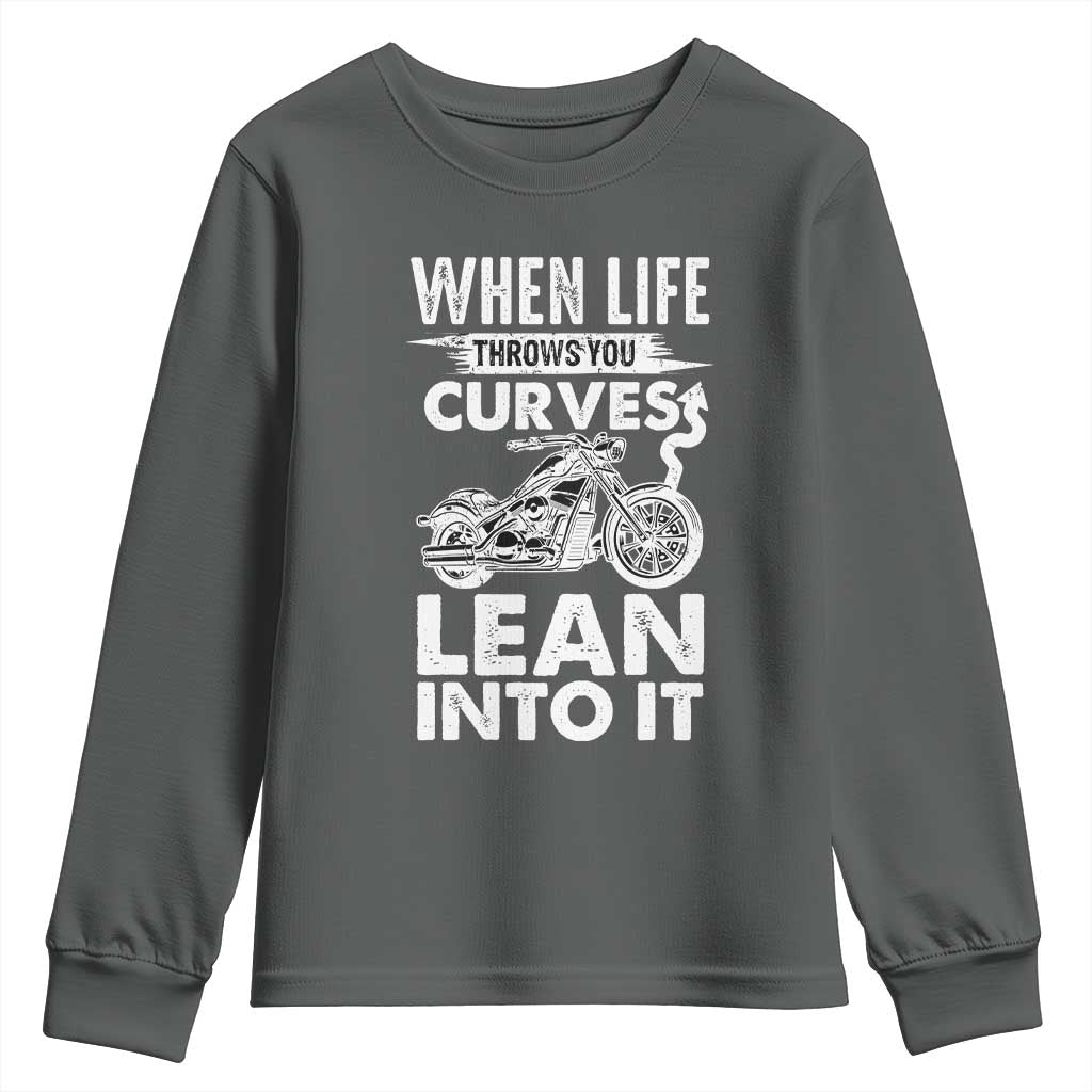 Funny Biker Youth Sweatshirt When Life Throws You Curves Lean Into It Motorcycle TS02 Dark Heather Print Your Wear