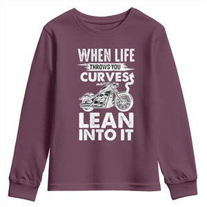 Funny Biker Youth Sweatshirt When Life Throws You Curves Lean Into It Motorcycle TS02 Maroon Print Your Wear