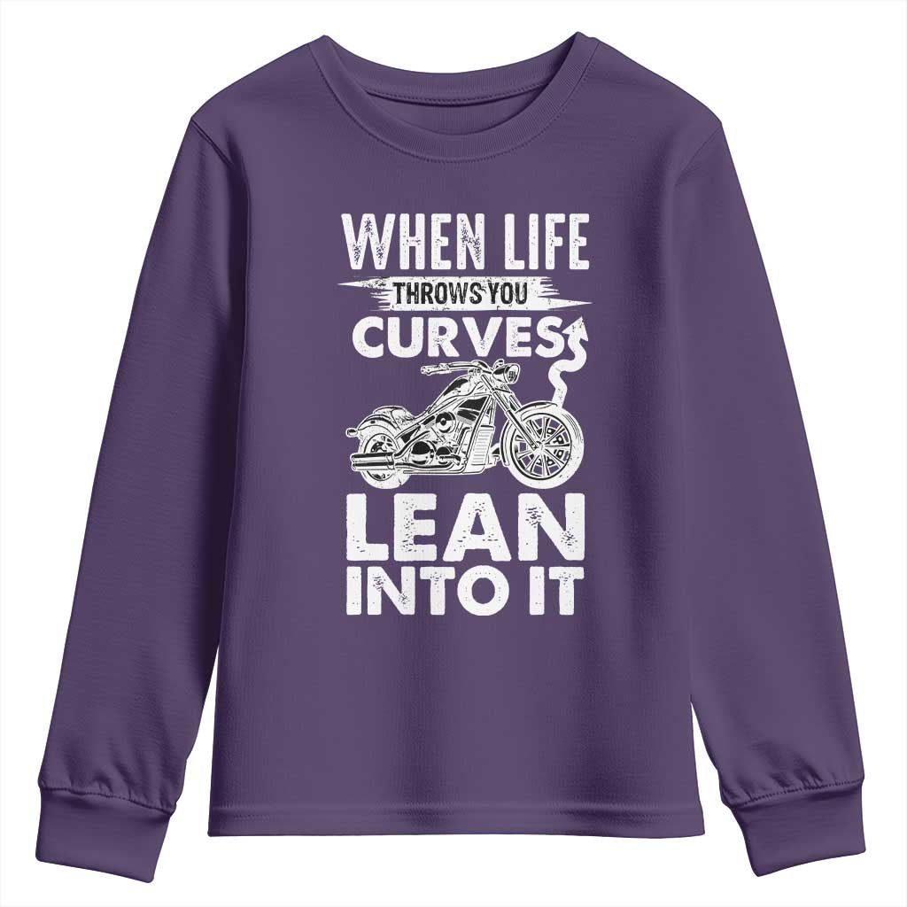 Funny Biker Youth Sweatshirt When Life Throws You Curves Lean Into It Motorcycle TS02 Purple Print Your Wear