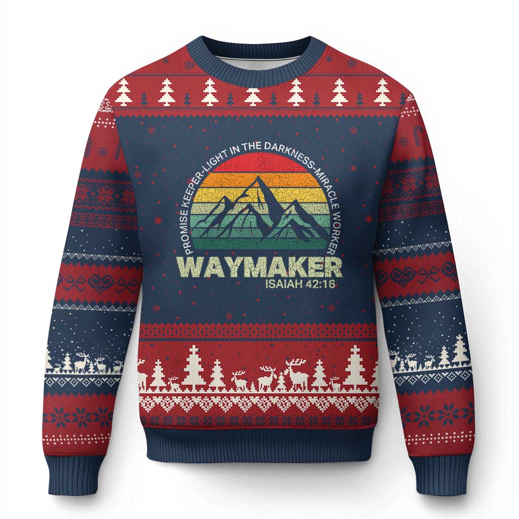 Christian Faith Ugly Christmas Sweater Waymaker Promise Keeper Miracle Worker Retro Vintage TS02 Navy Red Print Your Wear