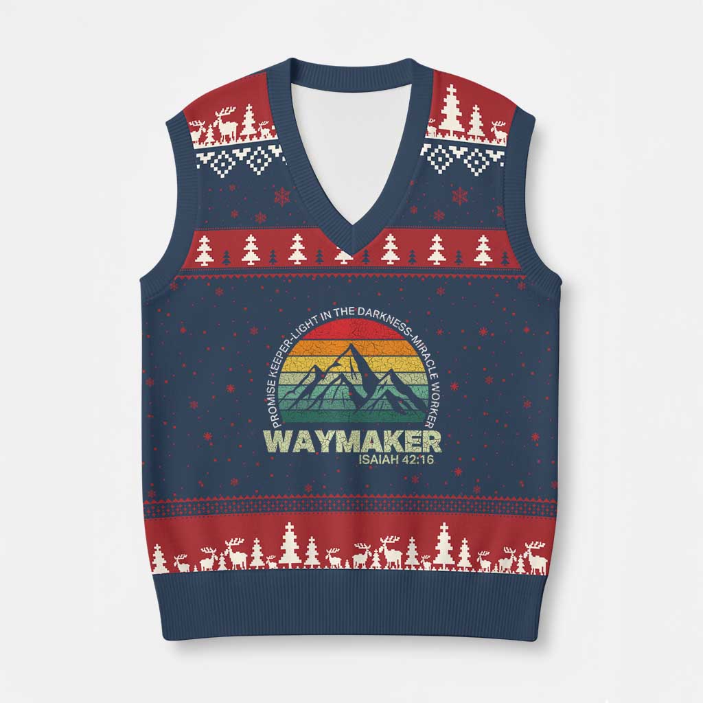 Christian Faith V-Neck Knit Sweater Vest Waymaker Promise Keeper Miracle Worker Retro Vintage TS02 Navy Red Print Your Wear