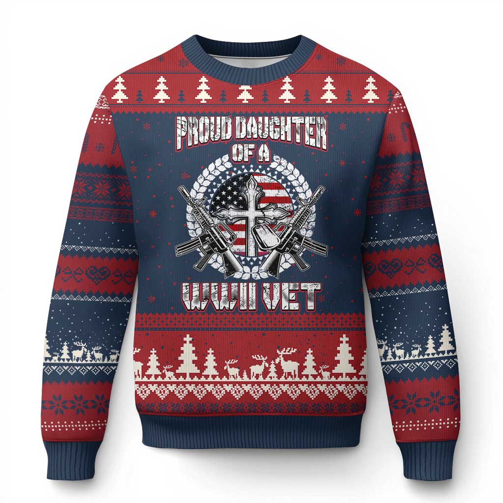 Proud Daughter Of A WWII Vet Ugly Christmas Sweater World War 2 Veteran WW2 TS02 Navy Red Print Your Wear