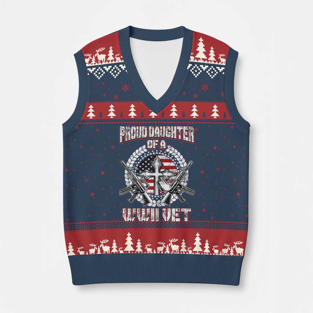 Proud Daughter Of A WWII Vet V-Neck Knit Sweater Vest World War 2 Veteran WW2 TS02 Navy Red Print Your Wear