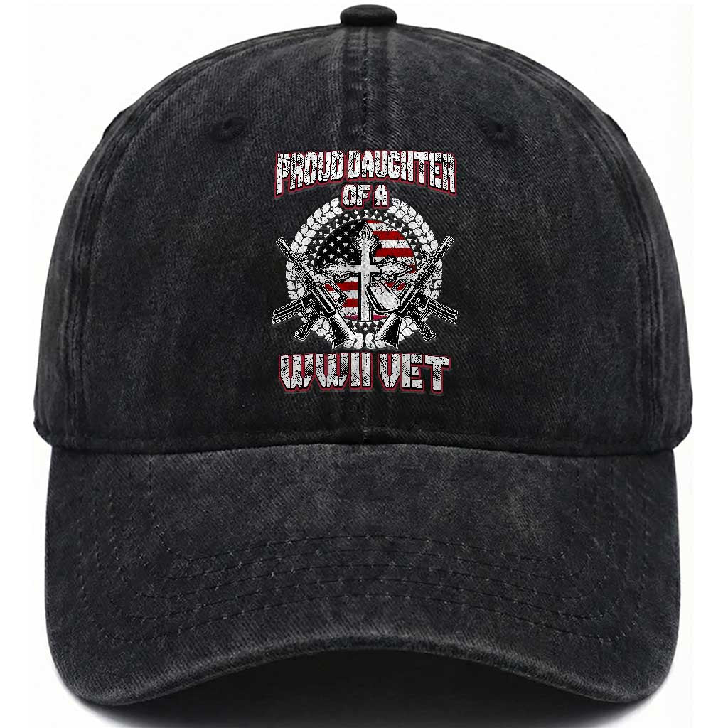 Proud Daughter Of A WWII Vet Washed Cotton Baseball Cap World War 2 Veteran WW2 TS02 Washed Cap Universal Fit Black Print Your Wear