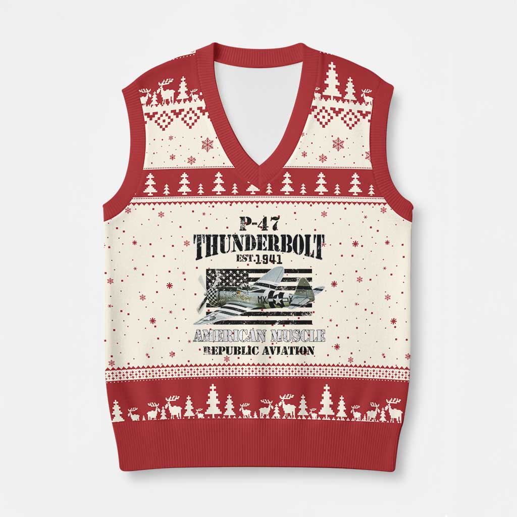 P-47 Thunderbolt WWII Airplane V-Neck Knit Sweater Vest American Muscle Vintage TS02 Beige Red Print Your Wear