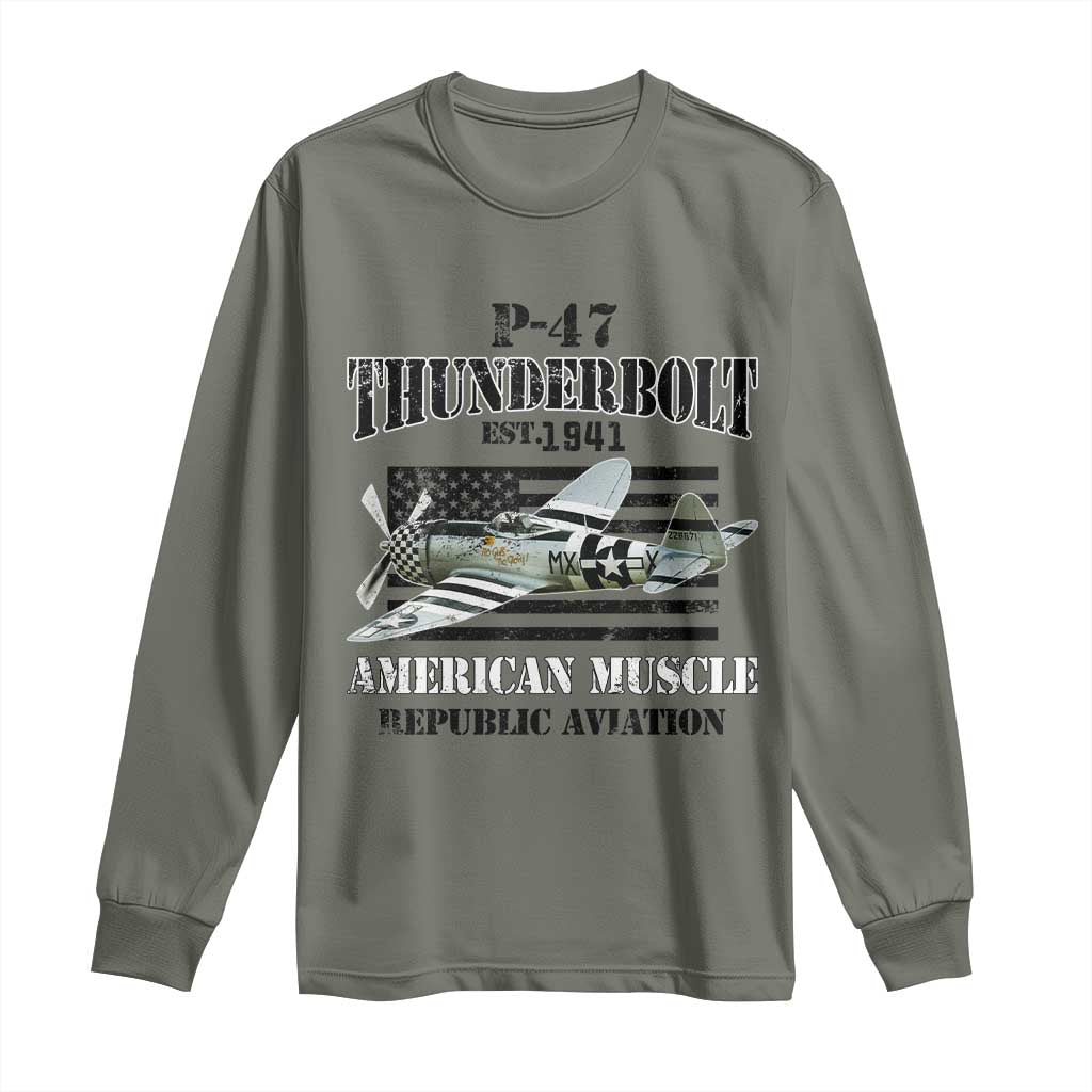 P-47 Thunderbolt WWII Airplane Long Sleeve Shirt American Muscle Vintage TS02 Military Green Print Your Wear