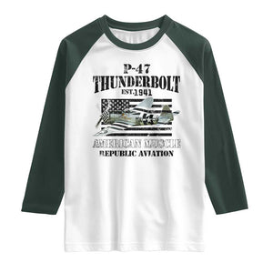 P-47 Thunderbolt WWII Airplane Raglan Shirt American Muscle Vintage TS02 White Dark Forest Green Print Your Wear
