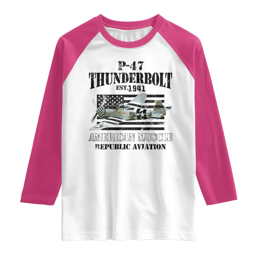 P-47 Thunderbolt WWII Airplane Raglan Shirt American Muscle Vintage TS02 White Heliconia Print Your Wear