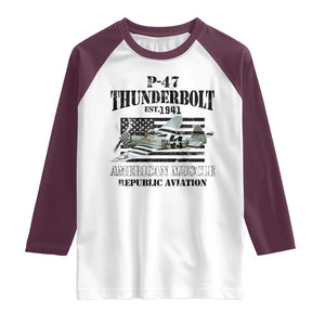 P-47 Thunderbolt WWII Airplane Raglan Shirt American Muscle Vintage TS02 White Maroon Print Your Wear