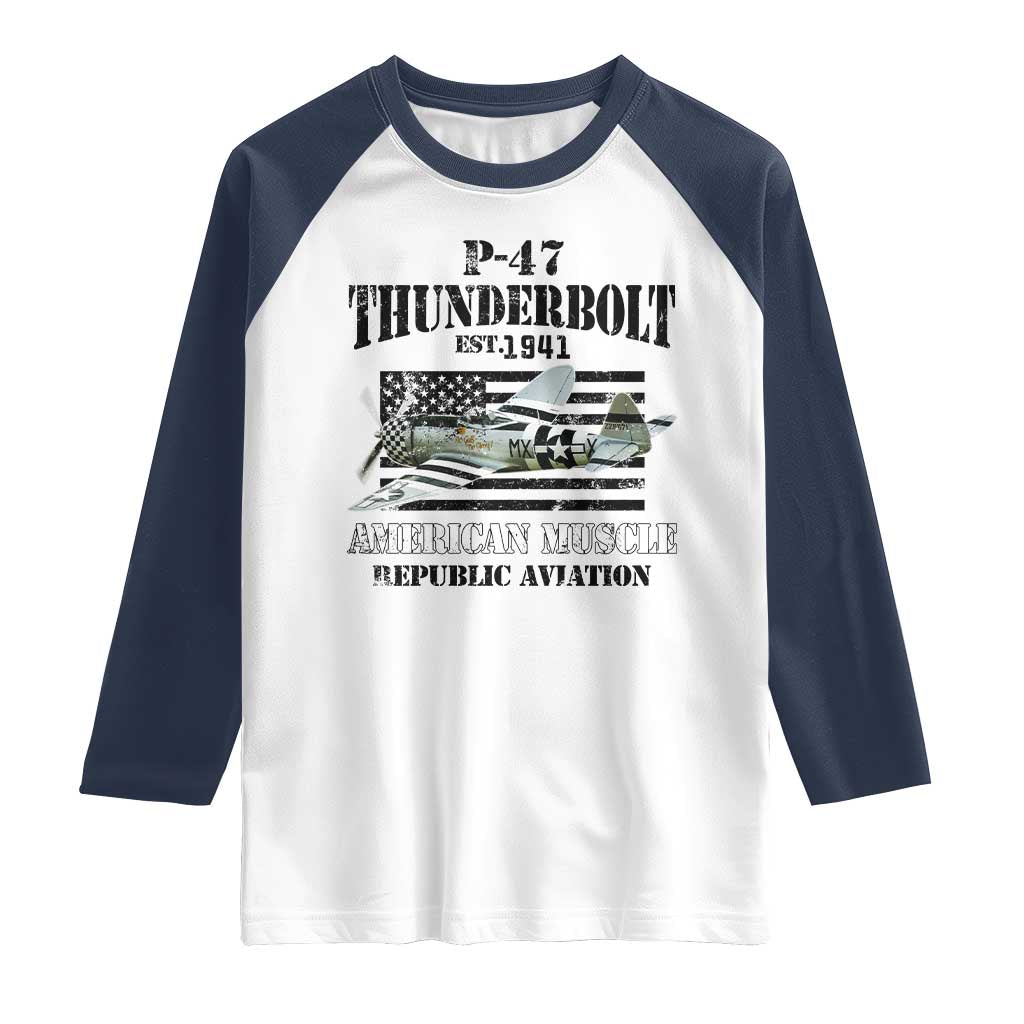 P-47 Thunderbolt WWII Airplane Raglan Shirt American Muscle Vintage TS02 White Navy Print Your Wear