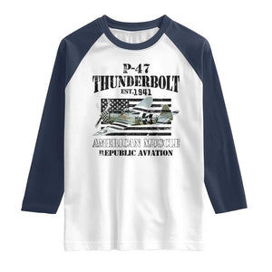 P-47 Thunderbolt WWII Airplane Raglan Shirt American Muscle Vintage TS02 White Navy Print Your Wear