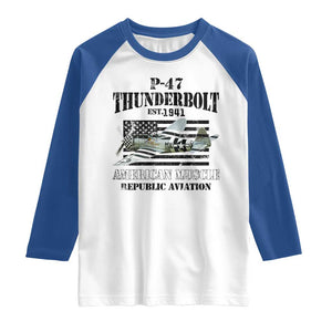 P-47 Thunderbolt WWII Airplane Raglan Shirt American Muscle Vintage TS02 White Royal Print Your Wear