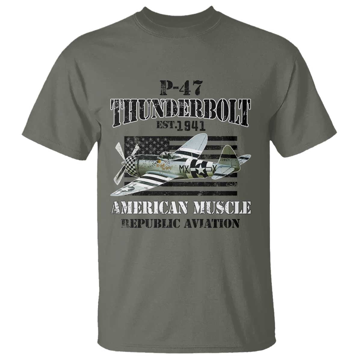 P-47 Thunderbolt WWII Airplane T Shirt American Muscle Vintage TS02 Military Green Print Your Wear