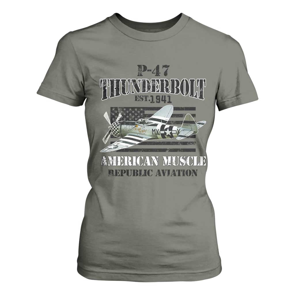 P-47 Thunderbolt WWII Airplane T Shirt For Women American Muscle Vintage TS02 Military Green Print Your Wear